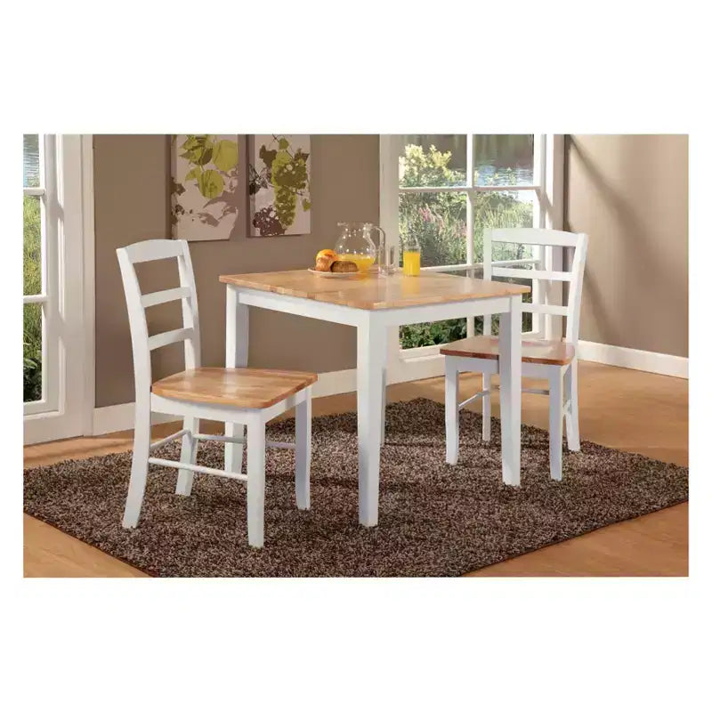 Ensemble table à manger 3 pièces avec 2 chaises à dossier à barreaux blanc/naturel – International Concepts : Bois massif, carré, non extensible