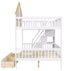 Lit superposé Whisen pour jumeaux avec porte fenêtre et toit, tiroirs de rangement et escalier