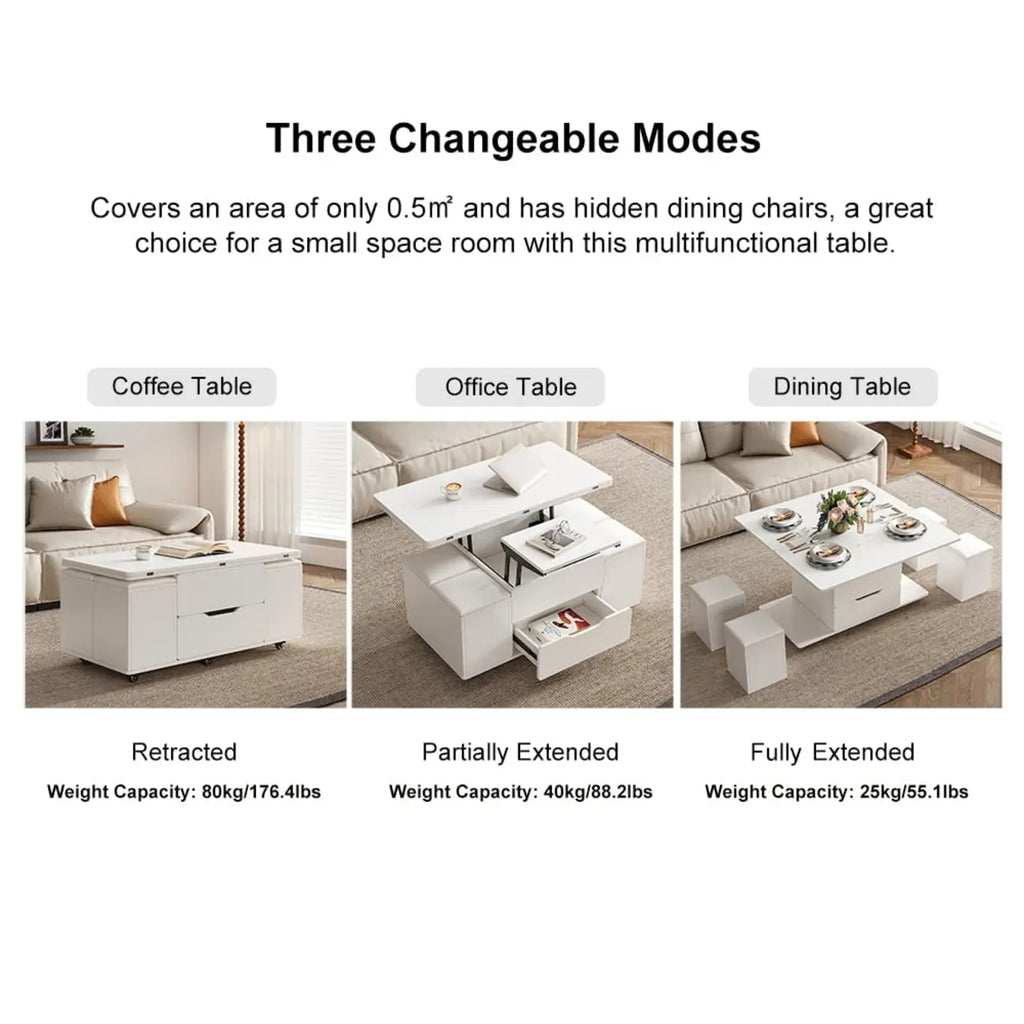 Table basse relevable pliable avec 4 tabourets et rangement