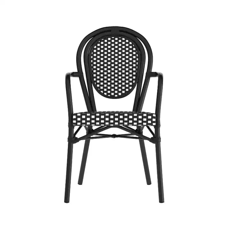 Lot de 4 chaises bistrot Lourdes Thonet empilables avec accoudoirs, en rotin PE et cadre en aluminium, pour l'intérieur et l'extérieur, de la marque Flash Furniture