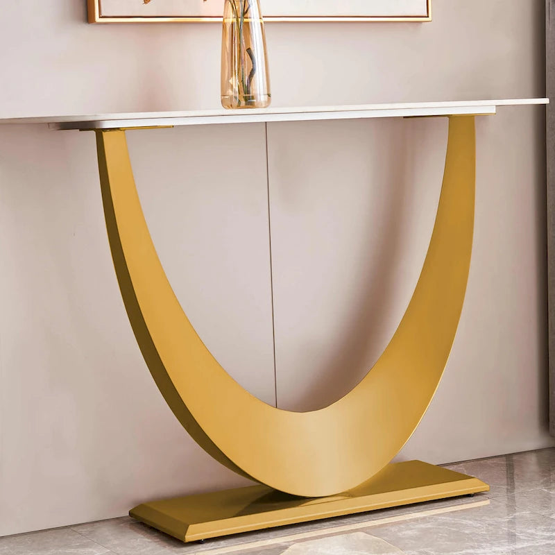 Console moderne, design aux formes raffinées, structure en métal avec patins réglables pour l’entrée