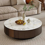 Table basse ronde moderne de 35 en faux marbre, plateau en pierre frittée blanche brillante, table de style milieu du siècle avec tiroir en bois massif