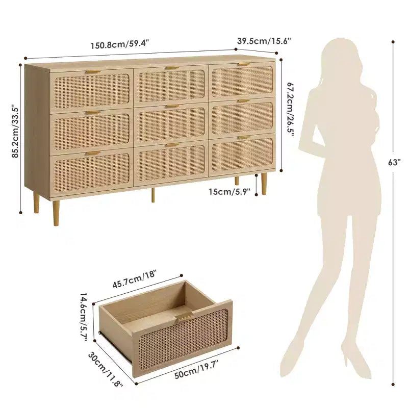 Commode en rotin pour la chambre, meubles à tiroirs grande capacité pour le rangement, adaptés au salon, à l'entrée et à la chambre d'enfant.