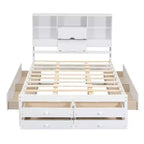 Lit plateforme Queen/King en pin avec tête de lit de rangement et 8 tiroirs
