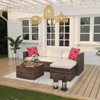 Ensemble de mobilier de patio 5 pièces, canapé d'angle en osier tout temps avec coussins antidérapants, ensemble de canapé d'extérieur en rotin avec pouf.