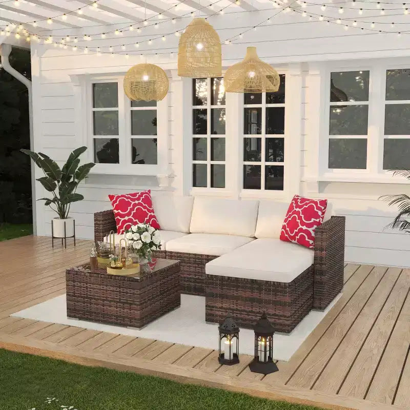 Ensemble de mobilier de patio 5 pièces, canapé d'angle en osier tout temps avec coussins antidérapants, ensemble de canapé d'extérieur en rotin avec pouf.