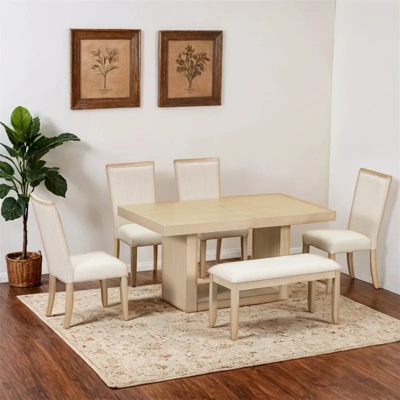 Ensemble de salle à manger contemporain de 6 pièces avec table à rallonge de 198 cm et pied central