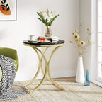 Petite table d'appoint ronde moderne, bout de canapé ou table de chevet avec structure en métal doré et plateau en bois d'ingénierie aspect marbre pour salon
