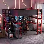 Lit mezzanine GDFStudio Scott en bois avec escalier de rangement, bureau, étagères et panneau perforé