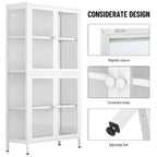 Meuble de rangement à quatre portes vitrées avec étagères et pieds réglables en acier laminé à froid