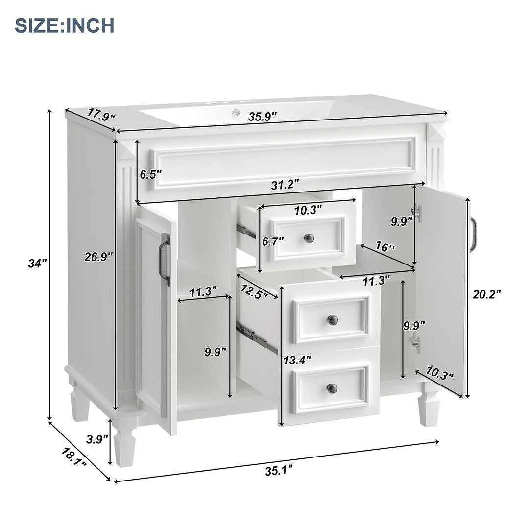 Meuble-lavabo moderne de 36 po avec vasque et armoire à miroir, 2 portes et 2 tiroirs