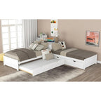 Lit plateforme moderne blanc en forme de L pour deux personnes avec lit gigogne et tiroirs pour chambre à coucher