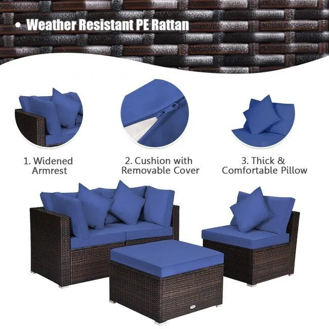 Ensemble de meubles de patio en rotin 4 pièces avec coussins et oreillers amovibles – Canapé d'angle : 73,7 x 73,7 x 63,5 cm