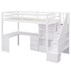 Lit mezzanine une place avec bureau en L, 3 tiroirs, placard, rangements intégrés dans l'escalier, en pin massif/MDF