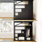 Lit mezzanine Queen Size en métal avec étagères de rangement, armoires et penderie