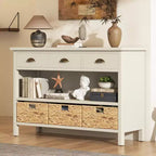 Console de table d'entrée avec rangement, table de couloir de style ferme avec 3 tiroirs et 3 paniers en jacinthe d'eau pour salon ou hall d'entrée - Panipeachy