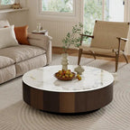 Table basse ronde moderne de 35 en faux marbre, plateau en pierre frittée blanche brillante, table de style milieu du siècle avec tiroir en bois massif