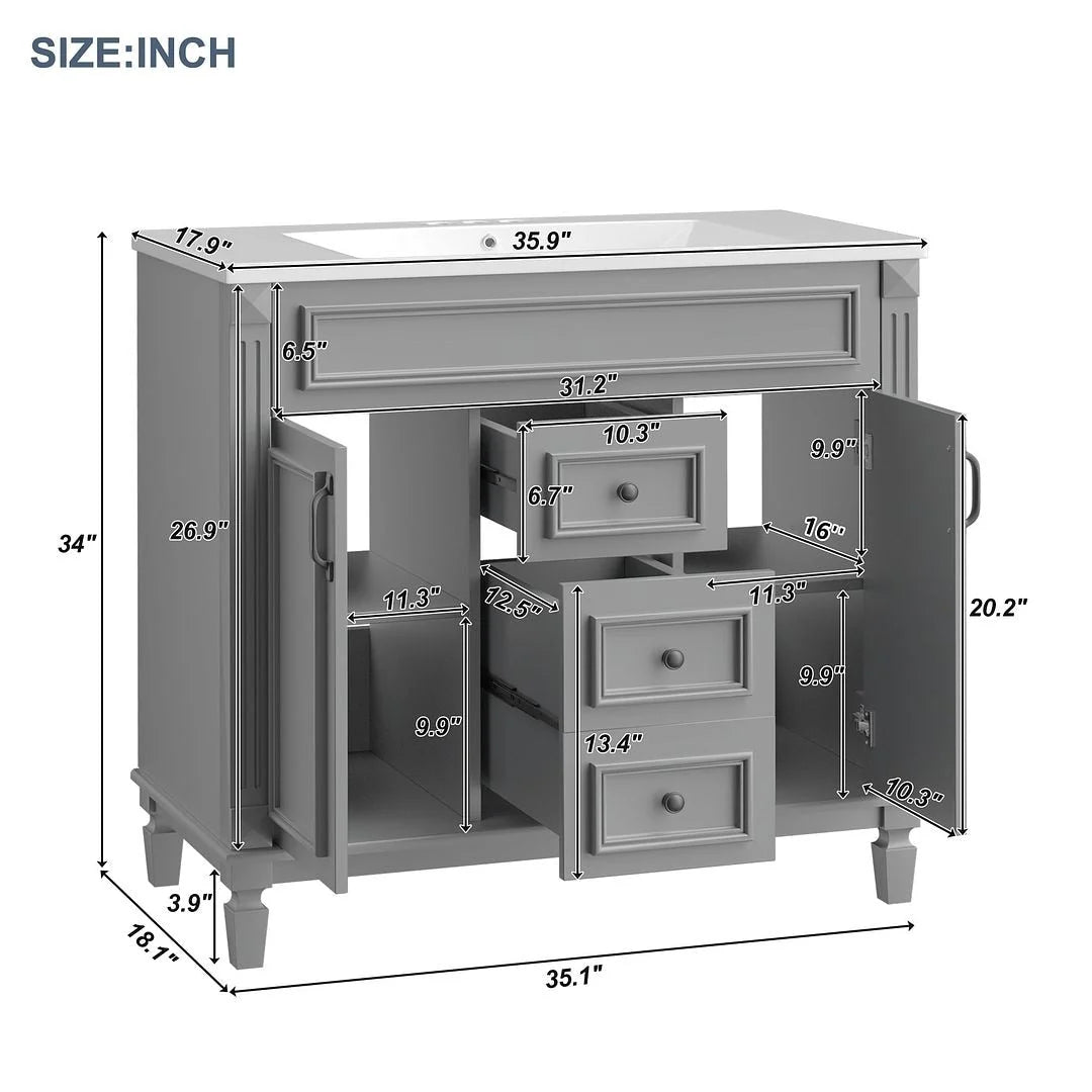 Meuble-lavabo moderne de 36 po avec vasque et armoire à miroir, 2 portes et 2 tiroirs