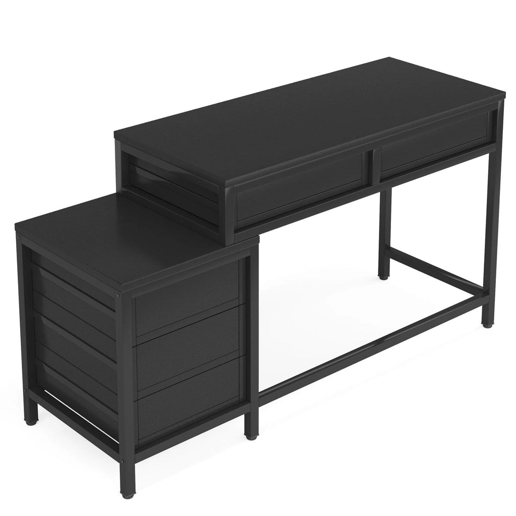 Bureau d'ordinateur réversible avec 5 tiroirs, bureau de travail à domicile avec caisson de rangement pour dossiers et support pour imprimante