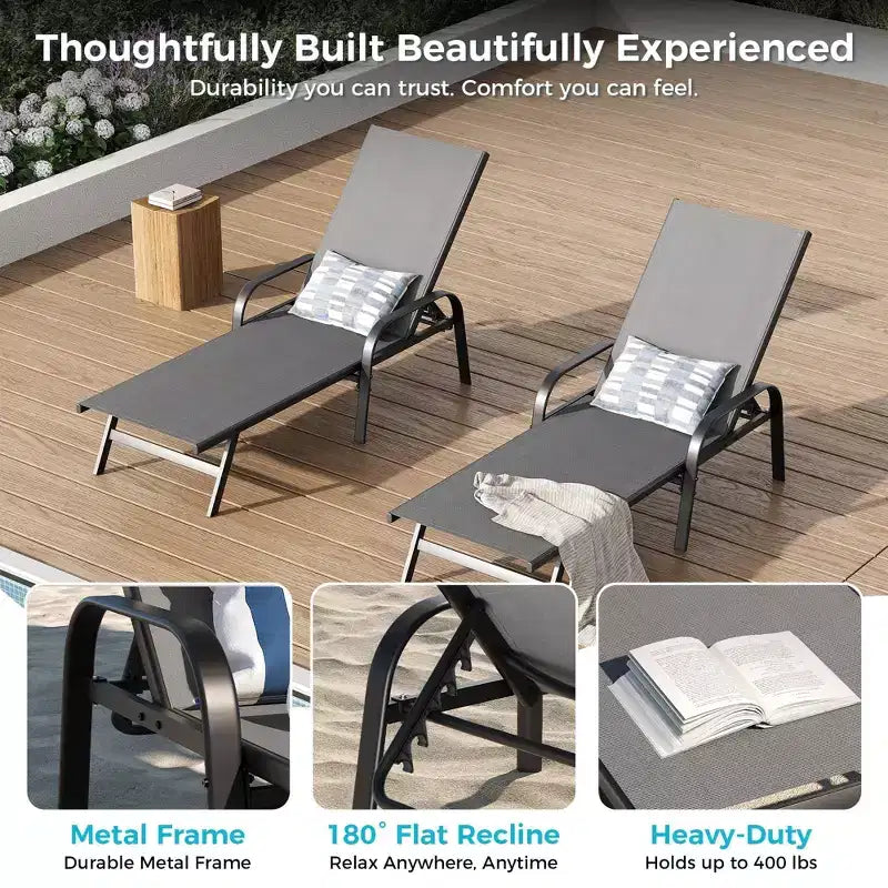 Lot de 2 Chaises Longues de Jardin, Chaises Inclinables Réglables sur 5 Positions avec Tissu Textilène, Transats de Piscine pour Jardin et Balcon