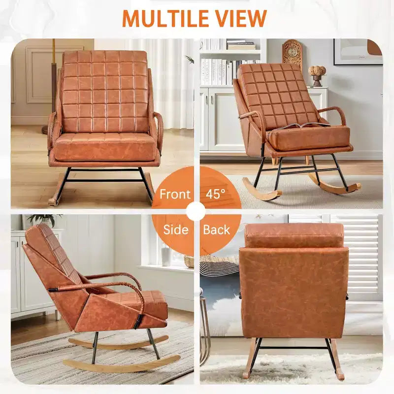 VECELO Fauteuil à bascule en similicuir/tissu Teddy, fauteuil inclinable de salon moderne avec assise rembourrée, base en bois massif sécurisée Blanc/Marron