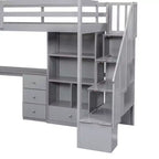 Lit mezzanine une place avec bureau en L, 3 tiroirs, placard, rangements intégrés dans l'escalier, en pin massif/MDF
