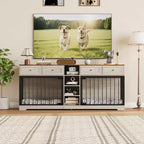 82 Meubles doubles pour cage de chien, grande niche d'intérieur pour 2 chiens, meuble TV en bois robuste avec 4 tiroirs et étagères