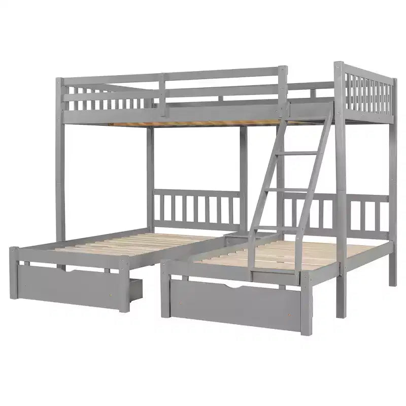 Lit superposé Triple (grand lit en haut, lits jumeaux en bas) avec 2 tiroirs de rangement, en bois, peut être séparé en 3 lits individuels