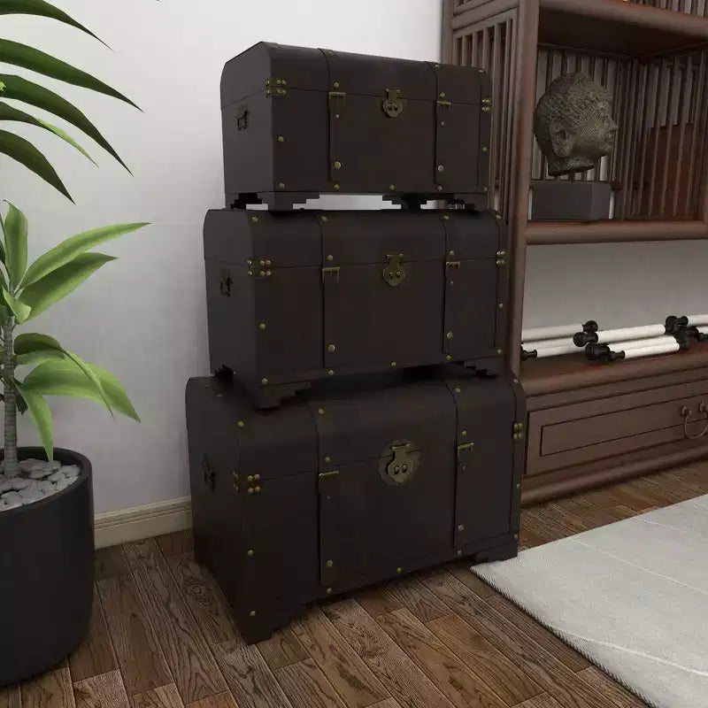 Lot de 3 malles en bois traditionnelles marron - Olivia & May : Finition vieillie, aucun assemblage requis, rangement décoratif