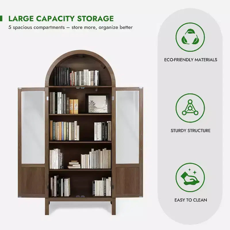 Meuble de rangement haut cintré de 71 po avec 2 portes en acrylique et étagères pour salon