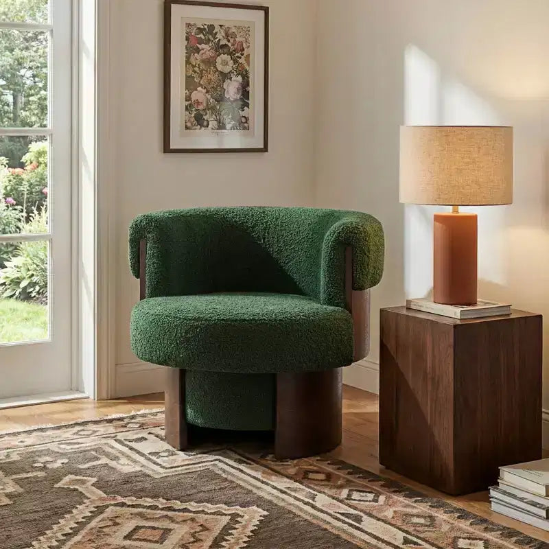 Fauteuil tonneau pivotant à 360° Whisen avec design sculptural en bois cintré, structure en bois massif, 32 po de largeur, polyvalent pour le salon et la chambre à coucher