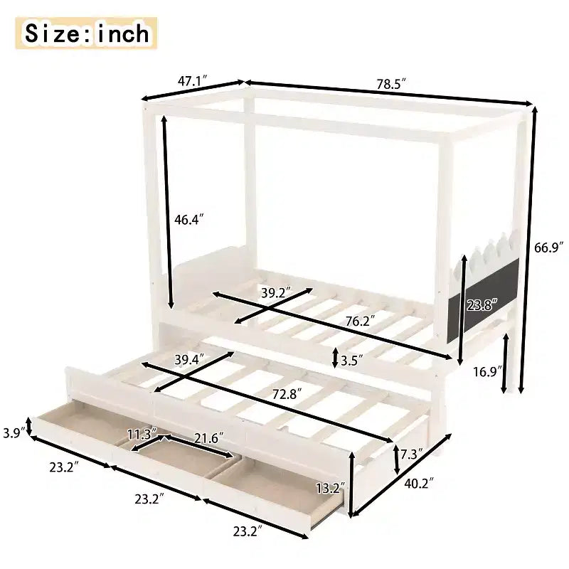 Lit plateforme double/grand format avec lit gigogne, lit à baldaquin en bois de princesse avec 3 tiroirs, lit de rangement avec tête de lit capitonnée pour chambre à coucher