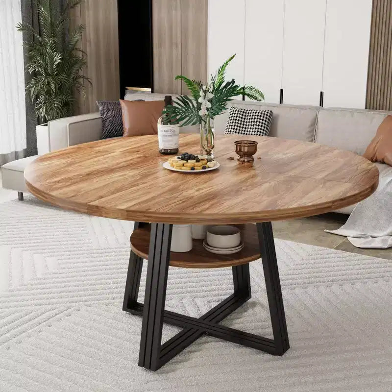 Table de salle à manger ronde pour 4 à 6 personnes, table de cuisine de 120 cm avec étagère de rangement, table à manger en bois avec base en métal pour salon, sans chaises