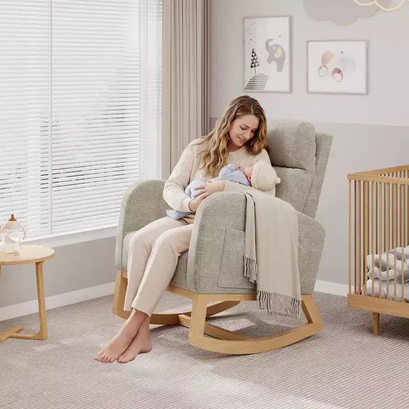 Fauteuil à bascule moderne avec oreiller et poches latérales, pour salon, chambre à coucher