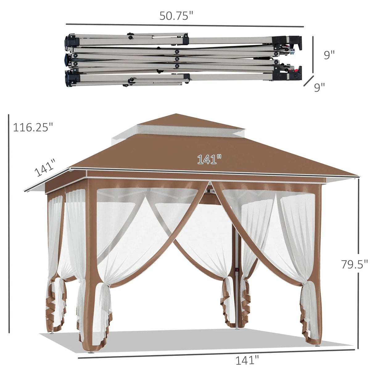 Outsunny 12 x 12 Tonnelle escamotable Pare-soleil Tente instantanée pliable avec filet latéral en maille, Hauteur réglable sur 3 niveaux
