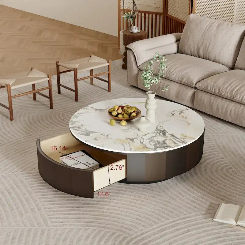 Table basse ronde moderne de 35 en faux marbre, plateau en pierre frittée blanche brillante, table de style milieu du siècle avec tiroir en bois massif