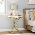 Petite table d'appoint ronde moderne, bout de canapé ou table de chevet avec structure en métal doré et plateau en bois d'ingénierie aspect marbre pour salon