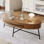 Table basse ovale avec tiroir, table basse moderne du milieu du siècle, table basse en bois de 120 cm avec rangement et pieds en métal croisés, design incurvé