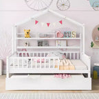 Acekool Lit cabane grandeur nature avec lit gigogne double, tiroirs de rangement et étagères, toit et clôture, lit plateforme pour enfants, blanc