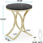 Petite table d'appoint ronde moderne, bout de canapé ou table de chevet avec structure en métal doré et plateau en bois d'ingénierie aspect marbre pour salon