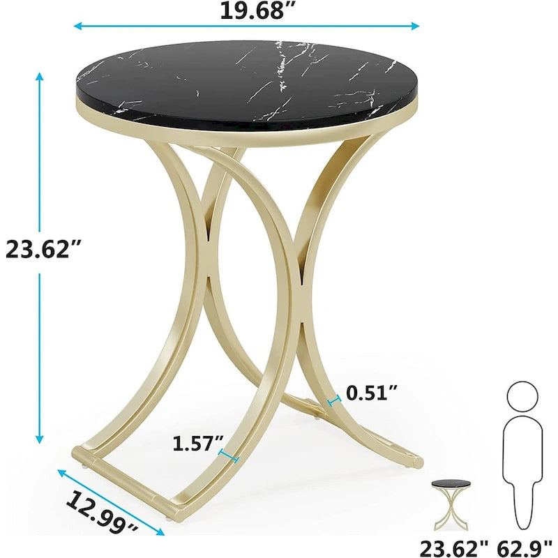 Petite table d'appoint ronde moderne, bout de canapé ou table de chevet avec structure en métal doré et plateau en bois d'ingénierie aspect marbre pour salon