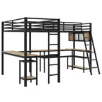 Lit mezzanine d'angle en métal avec étagères de rangement, 2 bureaux intégrés - Noir