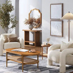 Table basse ovale à 2 niveaux Nathan James Sonia Bohemian en bois clair avec étagère de rangement en rotin