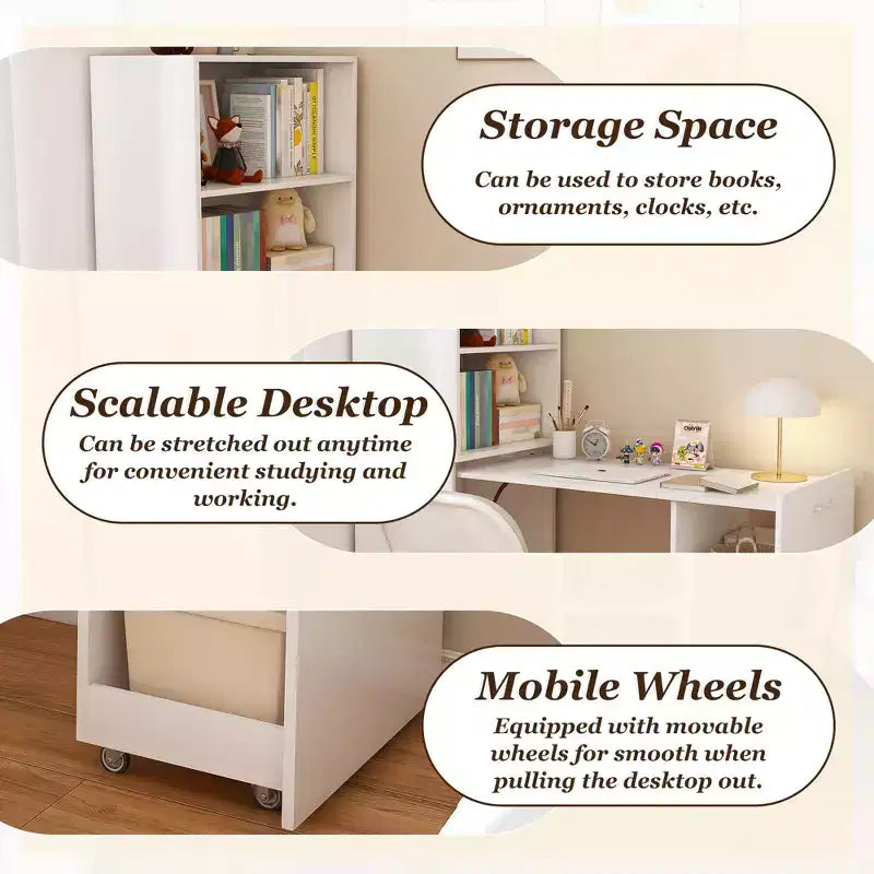 TUYOHW Bureau extensible, bureau pliable pour la maison et le bureau avec étagères de rangement et roulettes, poste de travail mobile pour petits appartements, bureaux