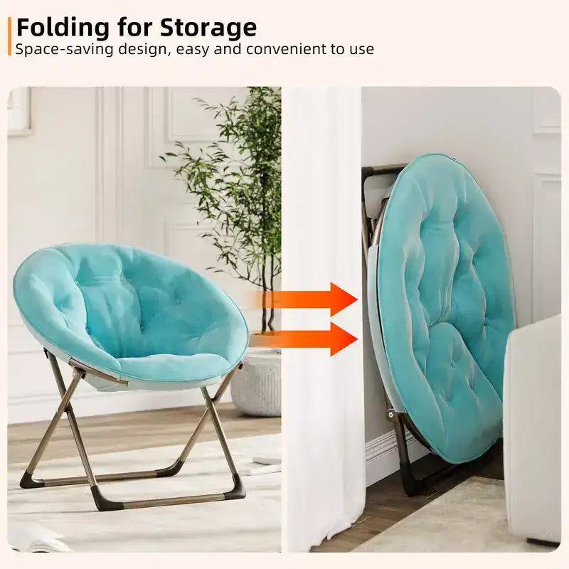 Fauteuil soucoupe, fauteuil moelleux en fausse fourrure, fauteuil lune avec structure métallique pliable, siège d'appoint floral