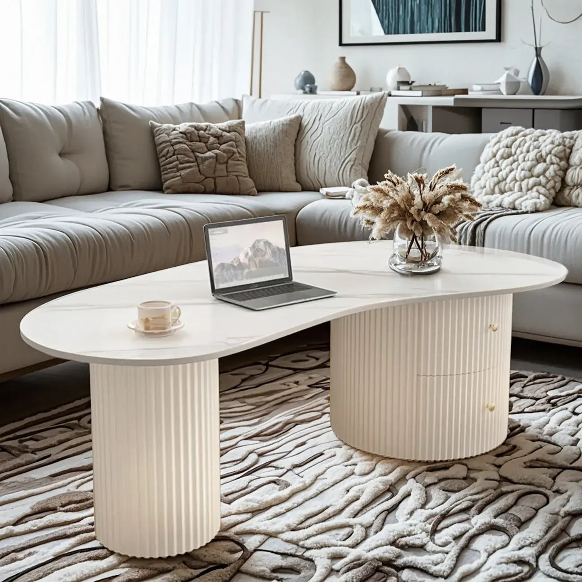 Table basse ovale standard blanche minimaliste avec 2 tiroirs