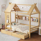 Lit cabane avec tiroirs de rangement et fenêtre, cadre en bois massif avec étagères, design amusant et enfantin, blanc clair