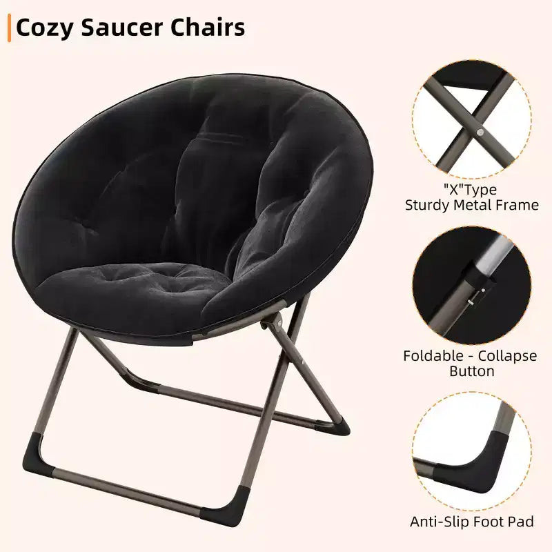 Fauteuil soucoupe, fauteuil moelleux en fausse fourrure, fauteuil lune avec structure métallique pliable, siège d'appoint floral
