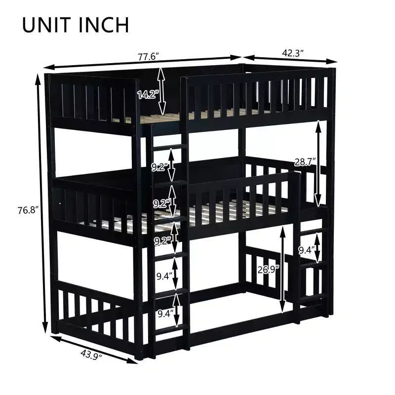 Lit superposé triple pour enfants, lit superposé trois places détachable avec échelle et barrière de sécurité, se sépare en 3 lits