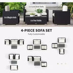 Ensemble de canapés en rotin 4 pièces, ensemble de canapés de patio en osier avec causeuse, chaises et table basse en verre pour jardin extérieur